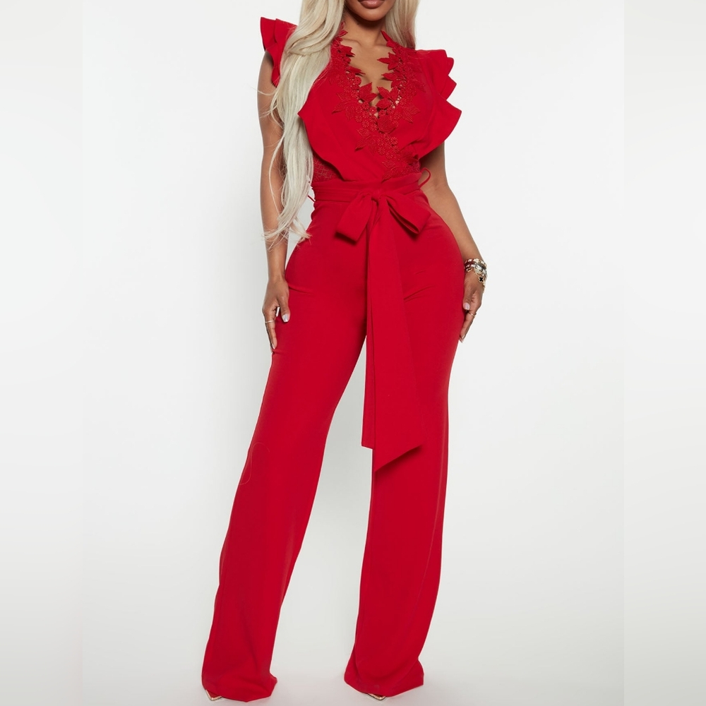 Fashion Nova Red Jumpsuit with Ruffled Sleeves and Plunging Neckline